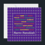 HAPPY HANUKKAH Fruit of the Spirit PURPLE Feiertagskarte<br><div class="desc">Colorful Happy Hanukkah greeting card with falsch silver Star of David in subtle background pattern. FRUIT OF THE SPIRIT including Hebrew translations are written in red,  yellow and green. HAPPY HANUKKAH is customizable if you want to add another greeting. Part of the HANUKKAH Collection.</div>