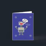 Happy Hanukkah Funny Robot Bleep Blue Personalize Feiertagskarte<br><div class="desc">Ein lustiges Hanukkah-Design mit einem Roboter-Sprichwort "Bleep! Bleib!",  während du eine Menorah hältst und von vier Sternen von David auf blauem Hintergrund umgeben bist. Das Innere sagt: "Bleep! Bleep!" ist Roboter für "Happy Hanukkah!" Der Text kann nach Ihren Wünschen geändert und personalisiert werden.</div>