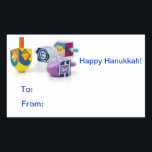 Happy Hanukkah Geschenkkleber Rechteckiger Aufkleber<br><div class="desc">Machen Sie es schnell und einfach diese Hanukkah mit diesen glücklichen Aufklebern zu beenden und identifizieren Sie Ihre verpackten Geschenke mit Flair! Glücklich Latkes Alle!</div>