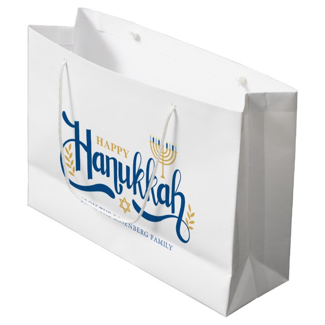 "Happy Hanukkah" Gold Menorah Große Geschenktüte (Vorderseite Schrägansicht)