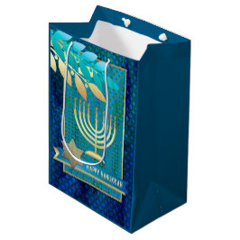 Happy Hanukkah. Gold Menorah und Star von David Mittlere Geschenktüte