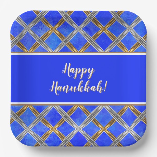 Happy Hanukkah Gold, Silber und Weiß Schnürsenkel Pappteller (Vorderseite)