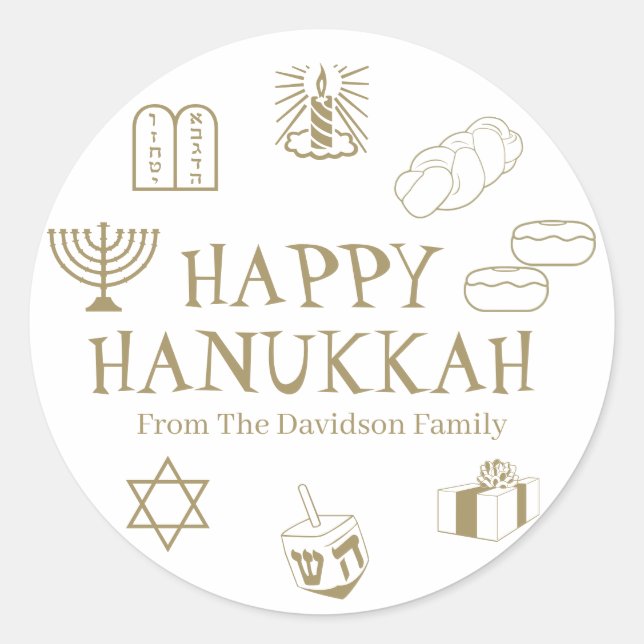 Happy Hanukkah Goldweiße individuelle Name Geschen Runder Aufkleber (Vorderseite)