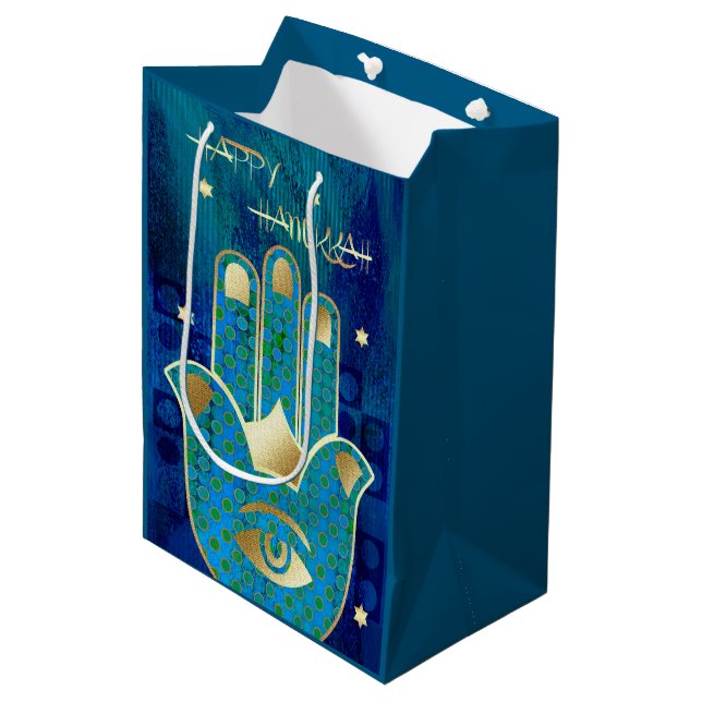 Happy Hanukkah. Hamsa Lucky Symbol Mittlere Geschenktüte (Vorderseite Schrägansicht)