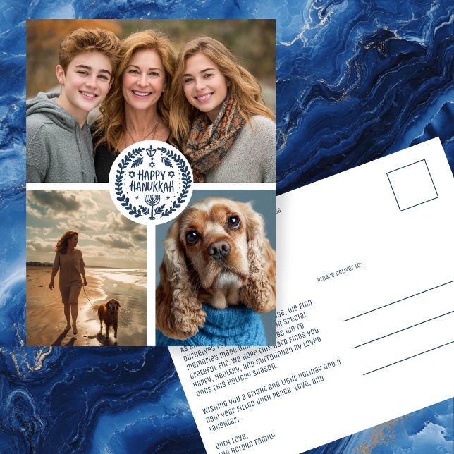 Happy Hanukkah Hand Gezeichnet CUSTOM 3 FOTO Urlau Postkarte (Happy Hanukkah Hand-Drawn Cute CUSTOM 3 PHOTO Family Collage Jewish Holiday Postcard
)