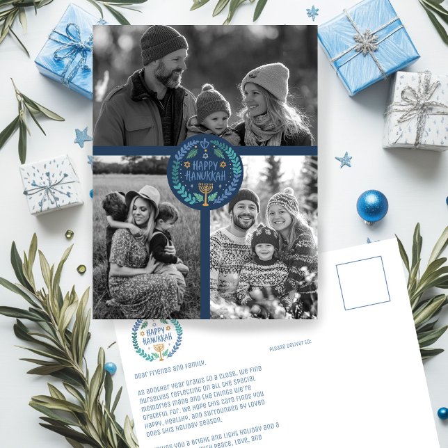 Happy Hanukkah Hand Gezeichnet CUSTOM 3 FOTO Urlau Postkarte (Happy Hanukkah Hand-Drawn CUSTOM PHOTOS Holiday Postcard
)