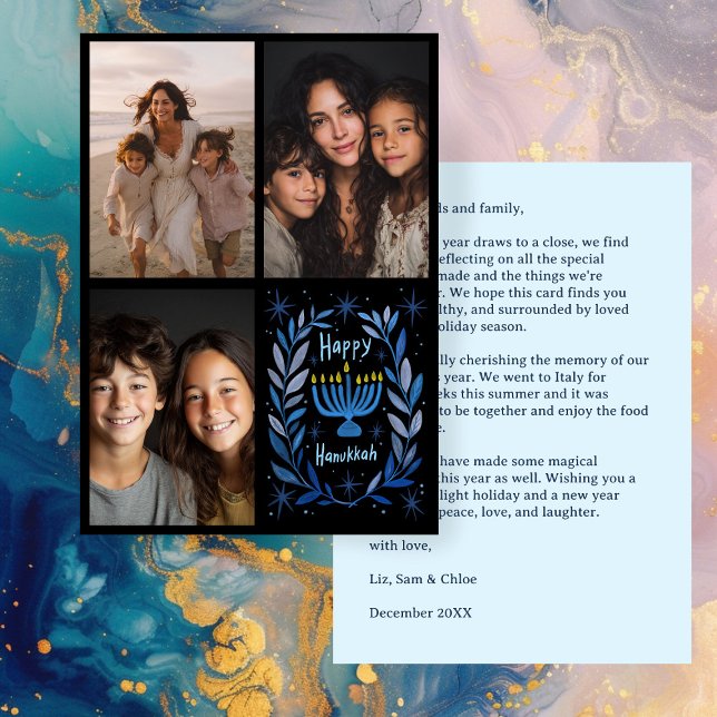 HAPPY HANUKKAH HandGezeichnet CUSTOM 3 FOTO Letter Feiertagskarte (HAPPY HANUKKAH Hand-Drawn CUSTOM 3 PHOTO Letter Holiday Card
)