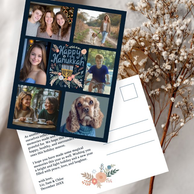 HAPPY HANUKKAH HandGezeichnet CUSTOM 6 FOTO Feiertagspostkarte (HAPPY HANUKKAH Hand-Drawn CUSTOM 6 PHOTO Holiday Postcard
)