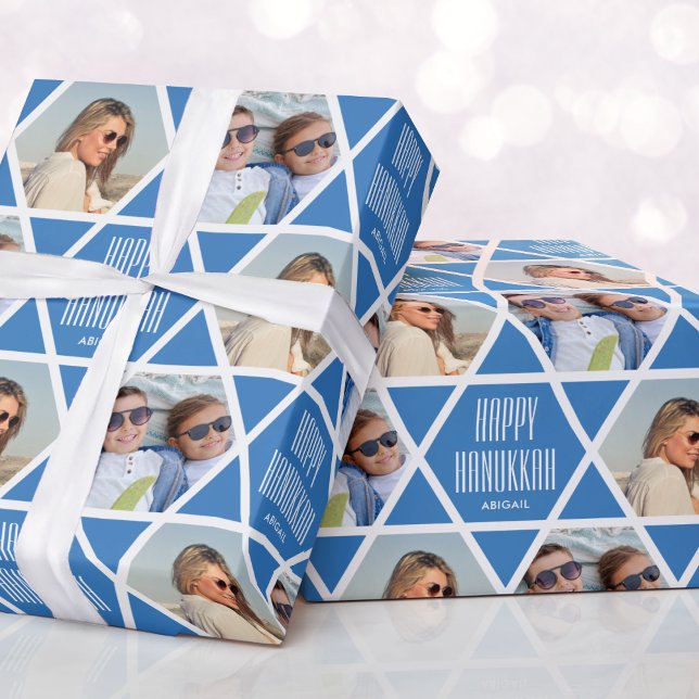 Happy Hanukkah Individuelle Name Fotos Star Blue Geschenkpapier (Von Creator hochgeladen)