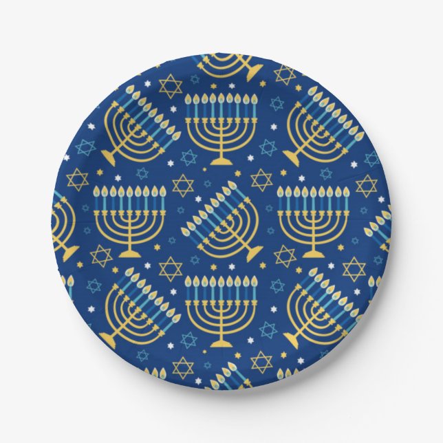 Happy Hanukkah Jewish Star Menorah Blue Paper Plat Pappteller (Vorderseite)