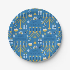Happy Hanukkah Jewish Star Menorah Blue Pappteller