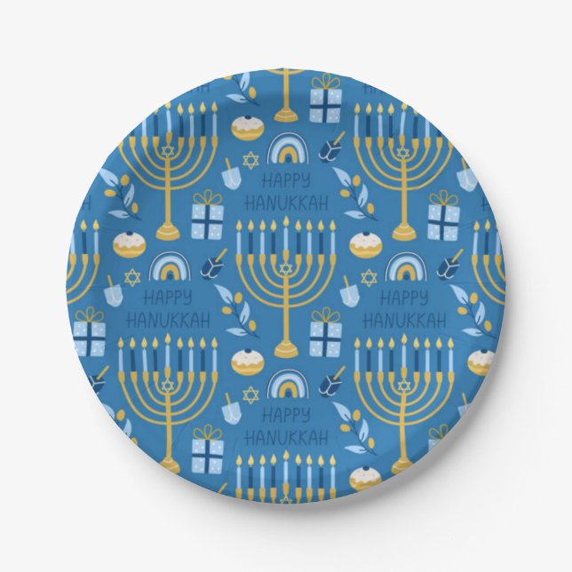 Happy Hanukkah Jewish Star Menorah Blue Pappteller (Vorderseite)