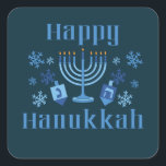 Happy Hanukkah jüdisches Festival Menorah Dreidel Quadratischer Aufkleber<br><div class="desc">Happy Hanukkah lustige jüdische Ferienaufkleber mit Schneeflocken,  Menorah und dreidel.</div>