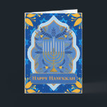 Happy Hanukkah Karte<br><div class="desc">Eine schöne und elegante Grußkarte, um jemandem einen Happy Hanukkah zu wünschen. Perfekte Karte für die Feier des jüdischen Lichterfestivals. Hell in Farben mit einer Menorah vorne umgeben von Oliven und Ästen, bunten Rahmen und die Sterne von David auf einem königsblauen Hintergrund und hellgelben Blumen an den Ecken. Klassisch und...</div>