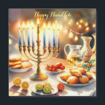 Happy Hanukkah Magnetkarte<br><div class="desc">Hanukkah Aquarellbild. Ein wunderschön gestaltetes Set für eine festliche Feier mit einer traditionellen Menorah mit Kerzen. Das weiche,  warme Licht,  die Dekoration der Ferien verleiht dem Ganzen eine Touch Beifall. Warme Lichter schaffen eine gemütliche und einladende Atmosphäre.</div>