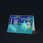 Happy Hanukkah. Menorah & Dreidels Feiertagskarte<br><div class="desc">Happy Hanukkah. Menorah und Dreidels gestalten individuell anpassbare Hanukka Grußkarten. Matching Karten und Geschenke verfügbar in der jüdischen Ferien / Hanukkah Kategorie unseres Stores.</div>