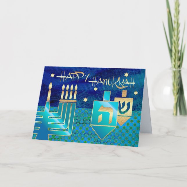 Happy Hanukkah. Menorah & Dreidels Feiertagskarte (Vorderseite)