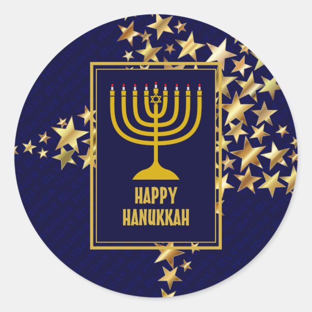 HAPPY HANUKKAH | Menorah | Gold Stars | NAVY BLUE Runder Aufkleber (Vorderseite)