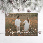 Happy Hanukkah Menorah Hanukkiah Photo Feiertagskarte<br><div class="desc">Happy Hanukkah in flowy letters with hanukkiah in the center over full bleed photo; also available in real foil</div>