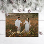 Happy Hanukkah Menorah Hanukkiah Photo Folien Feiertagskarte<br><div class="desc">Happy Hanukkah in flowy letters with hanukkiah in the center printed in foil over full bleed photo; also available in flat printing</div>