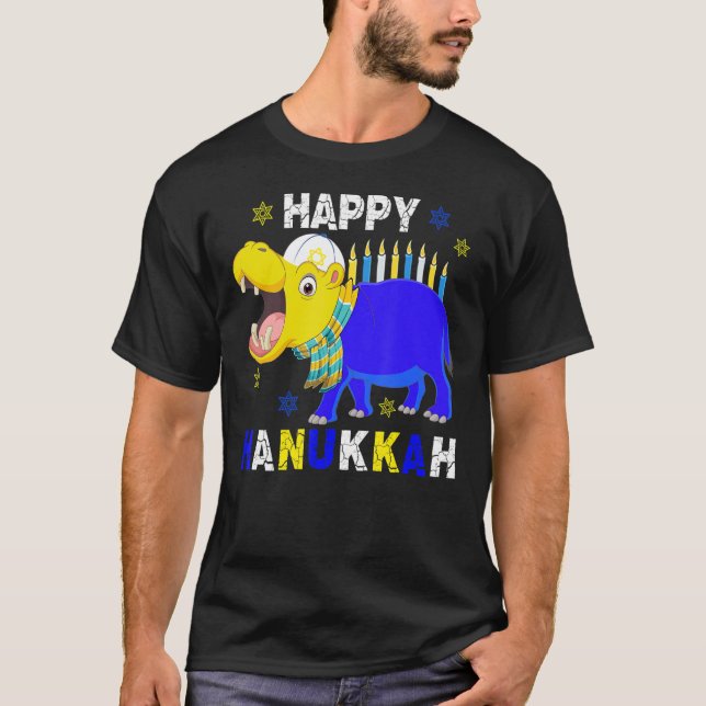 Happy Hanukkah Menorah Hippo mit jüdischem Hut T-Shirt (Vorderseite)