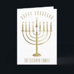 Happy Hanukkah Menorah Inside Foto Ferienkarte Feiertagskarte<br><div class="desc">Schicken Sie Ihren Lieben eine personalisierte Fotokarte in dieser Hanukka-Saison. Dieses Design verfügt über eine goldene Menorah auf der Vorderseite und die Nachricht lautet "Happy Hanukkah". Unter der Menorah ist ein Platz für Ihren Familiennamen, den Sie personalisieren oder entfernen können, wenn Sie möchten. Im Inneren der Karte gibt es ein...</div>