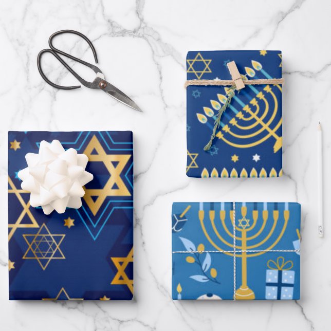 Happy Hanukkah Menorah Jewish Star Candles Geschenkpapier Set (Vorderseite)