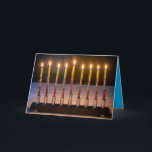 Happy Hanukkah Menorah Miracle Card Karte<br><div class="desc">Diese Hanukkah-Karte für das Festival der Lichter zeigt ein originelles Foto einer Menorah mit 8 brennenden Kerzen auf der Vorderseite,  einen individuellen Gruß auf der Innenseite und das Gebet phonetisch auf der Rückseite.</div>