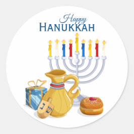 Happy Hanukkah Menorah Oil Pitcher Sufganiyot Runder Aufkleber
