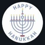 Happy Hanukkah Menorah Runder Aufkleber<br><div class="desc">Diese hübschen Aufkleber haben eine Menorah und die Worte "Happy Hanukkah". Die entsprechenden Party Einladungen finden Sie hier: https://www.zazzle.com/hanukkah_party_funny_whole_latke_fun_invitation-256781977102628379</div>