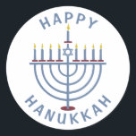 Happy Hanukkah Menorah Runder Aufkleber<br><div class="desc">Diese hübschen Aufkleber haben eine Menorah und die Worte "Happy Hanukkah". Die entsprechenden Party Einladungen finden Sie hier: https://www.zazzle.com/hanukkah_party_funny_whole_latke_fun_invitation-256781977102628379</div>