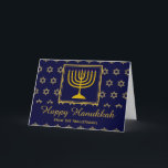 HAPPY HANUKKAH Menorah Star von David Personalisie Feiertagskarte<br><div class="desc">Personalisierte HAPPY HANUKKAH Card. Stilvolle Grußkarte zum Feiern von HANUKKAH mit menorah und Star of David. Dunkelblauer Hintergrund mit Imitaten goldener Star von David und Typografie. Der Text für die Platzhalter auf dem Cover und im Inneren des Gruß kann angepasst werden, sodass Sie Ihren Namen hinzufügen und die Nachricht ändern...</div>