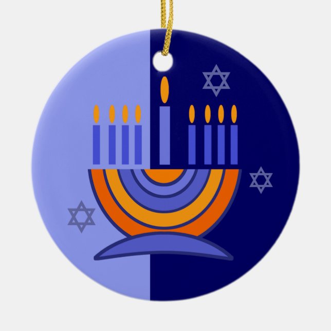 Happy Hanukkah. Menorah und Dreidels Keramik Ornament (Vorne)