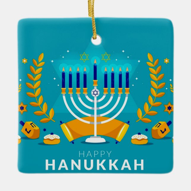 Happy Hanukkah Menorah und Dreidels Keramikornament (Vorderseite)