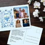Happy Hanukkah Menorah Watercolor CUSTOM 3 Fotos Feiertagspostkarte<br><div class="desc">Süß zeichn, jemanden glücklich hanukkah zu wünschen! Klicken Sie auf "Personalisieren", um Ihre eigenen Fotos zur Vorderseite und Text zur Rückseite hinzuzufügen. Auch als Grußkarte oder digitaler Download verfügbar, um sofort per E-Mail oder SMS zu senden. Karo meinen Shop für mehr oder lass mir wissen, wenn Sie etwas Angewohntes wollen!...</div>