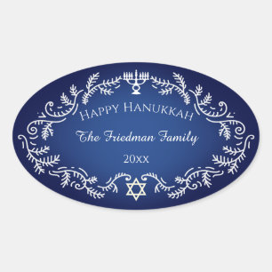 Happy Hanukkah Menorah White Festive Frame auf bla Ovaler Aufkleber