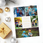 Happy Hanukkah Modern Foto Collage Elegantes Gold Folien Feiertagspostkarte<br><div class="desc">Diese niedliche,  trendige Happy Hanukkah Goldfolie-Postkarte besticht durch ein modernes Layout von 5 Fotos aus der Familie auf weißem Hintergrund mit eleganter Typografie. Diese wunderschöne jüdische Foto-Urlaubspostkarte bietet eine eigene Fotografie-Collage,  die Ihre Nachricht und Ihren Familiennamen umgibt.</div>