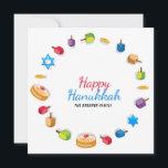 Happy Hanukkah Modern Foto Dreidel Star Name<br><div class="desc">Dieses Urlaubsdesign zeigt den Text "Happy Hanukkah" in der modernen rot-blauen Typografie umgeben von dreidels, Goldmünzen, Sternen und Sufganiyah. Personalisiert mit Ihrem Namen und Lieblings-Foto auf der Rückseite. #hanukkah #chanukah #holidays #saisonale #festival #modern #dreidel #star #coin #gold #starofdavid #design #designer #cards #greetings #greetingcards #stationery #Foto #Fotokarten</div>