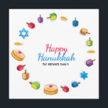 Happy Hanukkah Modern Foto Dreidel Star Name<br><div class="desc">Dieses Urlaubsdesign zeigt den Text "Happy Hanukkah" in der modernen rot-blauen Typografie umgeben von dreidels,  Goldmünzen,  Sternen und Sufganiyah. Personalisiert mit Ihrem Namen und Lieblings-Foto auf der Rückseite. #hanukkah #chanukah #holidays #saisonale #festival #modern #dreidel #star #coin #gold #starofdavid #design #designer #cards #greetings #greetingcards #stationery #Foto #Fotokarten</div>