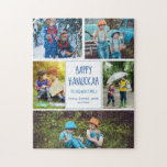 Happy Hanukkah Moderne FotoCollage Niedlich Custom<br><div class="desc">Dieses niedliche und trendige Happy Hanukkah-Puzzle besticht durch ein modernes Layout von 5 Fotos auf weißem Hintergrund mit blauer Typografie. Dieses wunderschöne jüdische Foto-Urlaubsstipendium beinhaltet Ihre eigene Fotocollage rund um Ihre Nachricht und Ihren Familiennamen.</div>