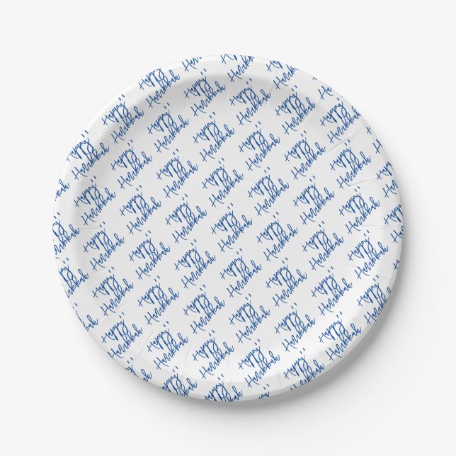 Happy Hanukkah Moderne Holiday Typografie Blau Pappteller (Vorderseite)