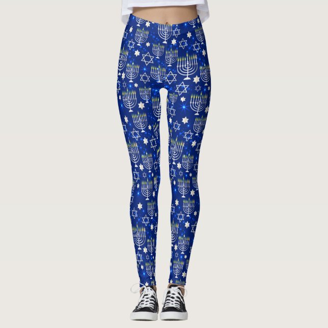 Happy Hanukkah Moderne Star von David Menorah Leggings (Vorderseite)