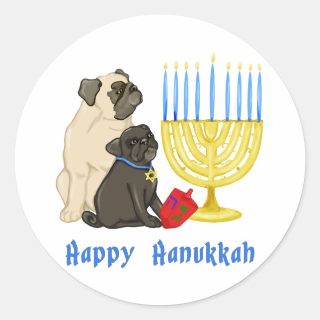 Happy Hanukkah Möpsen und Menorah Stickers (Vorderseite)