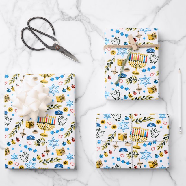 Happy Hanukkah Muster Wrapping Paper Sheets Geschenkpapier Set (Vorderseite)