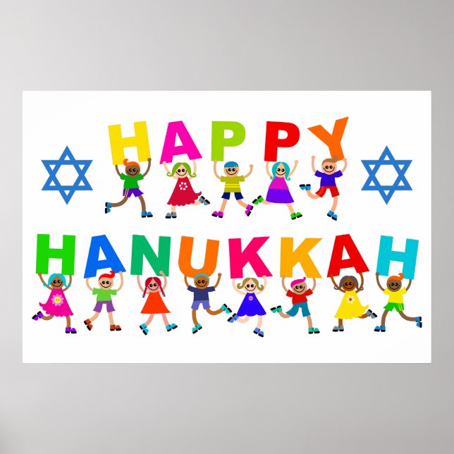 Happy Hanukkah Niedlicher Cartoon Diverse Kids Tex Poster (Vorne)