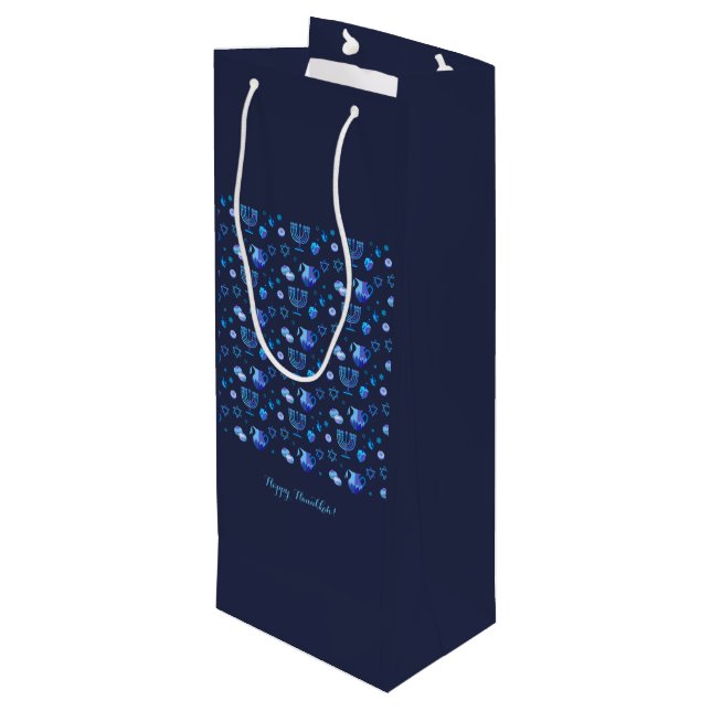 Happy Hanukkah Party Schöne blaue Dekoration Geschenktüte Für Weinflaschen (Rückseite Schrägansicht)