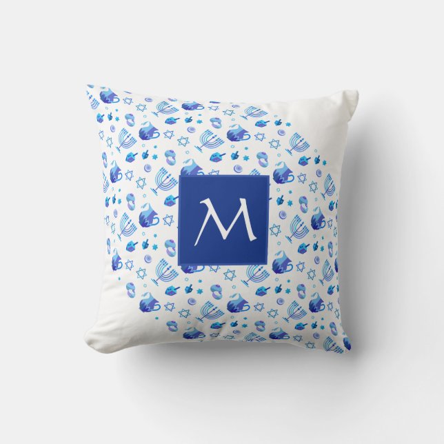 Happy Hanukkah Party Schönes blaues Monogramm Kissen (Vorderseite)