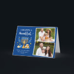 Happy Hanukkah Peace Liebe Latkes Blue 2 Foto Feiertagskarte<br><div class="desc">Senden Sie Ihre Wünsche mit dieser Foto-Ferienkarte,  die ein Hanukkah-Script und Watercolor-jüdische Feiertage-Symbole enthält,  um Ihre Begrüßungsbotschaft zu markieren.</div>