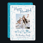 Happy Hanukkah Photo Whimsical Hand Drawn Doodles Feiertagskarte<br><div class="desc">“Happy Hanukkah.” This year, it’s time to get together with your family and friends to celebrate Hanukkah and usher in the festival of lights. Fun, whimsical navy blue handwritten script typography and turquoise teal blue hand drawn Hanukkah icon doodles, along with the photo of your choice, overlay a white background....</div>