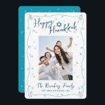 Happy Hanukkah Photo Whimsical Hand Drawn Playful Feiertagskarte<br><div class="desc">“Happy Hanukkah.” This year, it’s time to get together with your family and friends to celebrate Hanukkah and usher in the festival of lights. Fun, whimsical navy blue handwritten script typography, Star of David and turquoise teal blue hand drawn Hanukkah dreidels and sparkles, along with the photo of your choice,...</div>